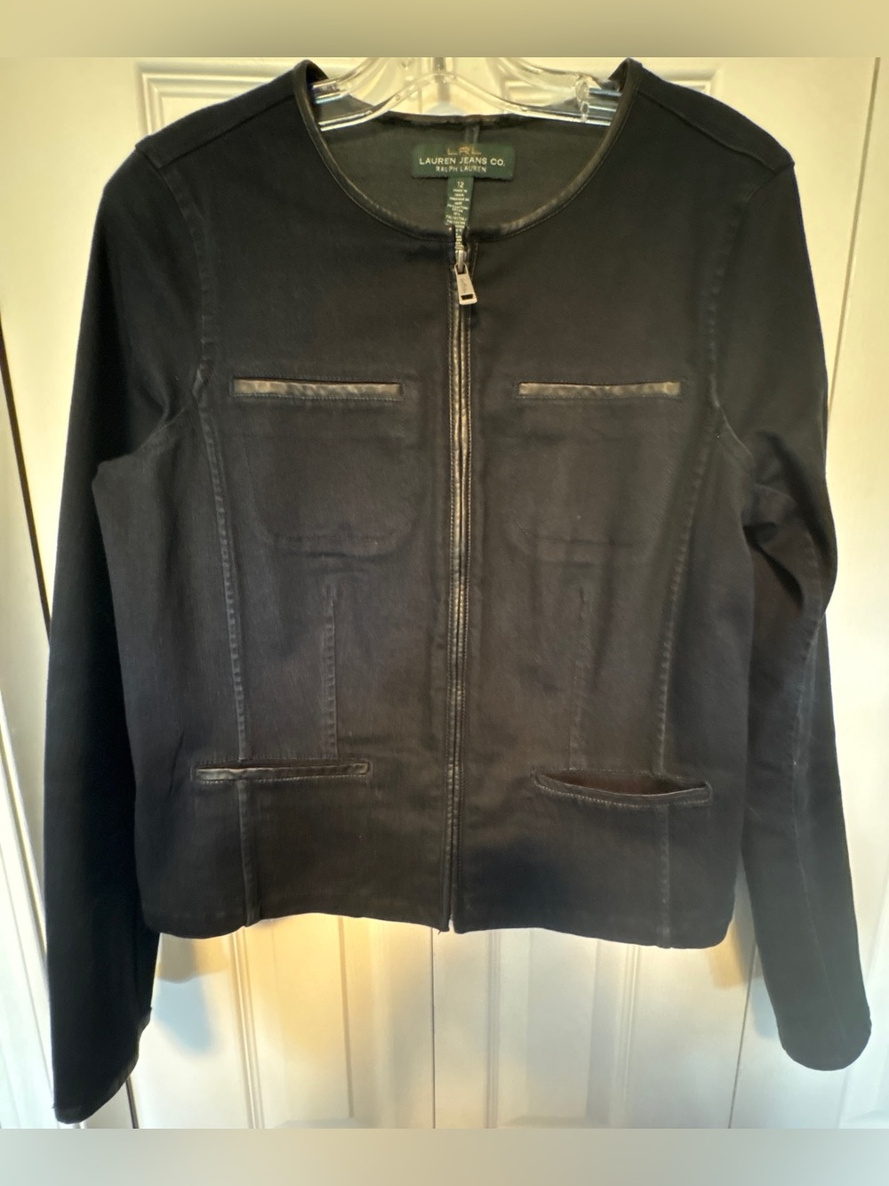 Lauren Ralph Lauren Black Denim Moto Jacket Faux Leather Trim Size 12